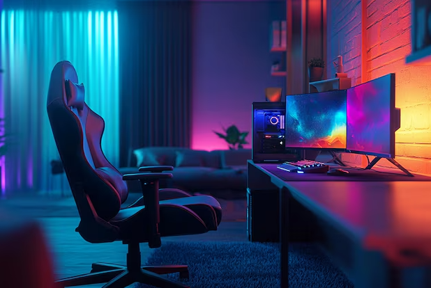 Gaming setup with neon lighting