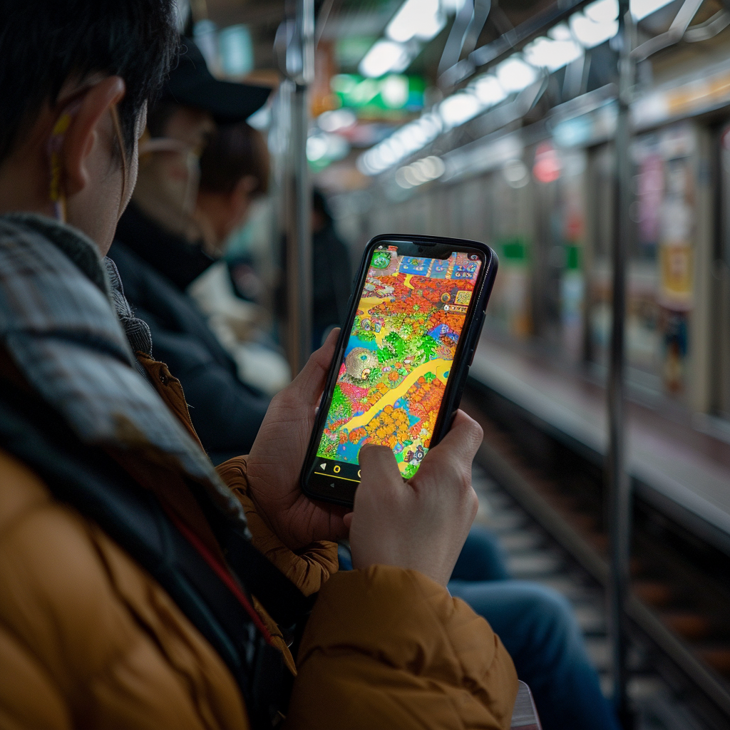 Person playing mobile game on subway